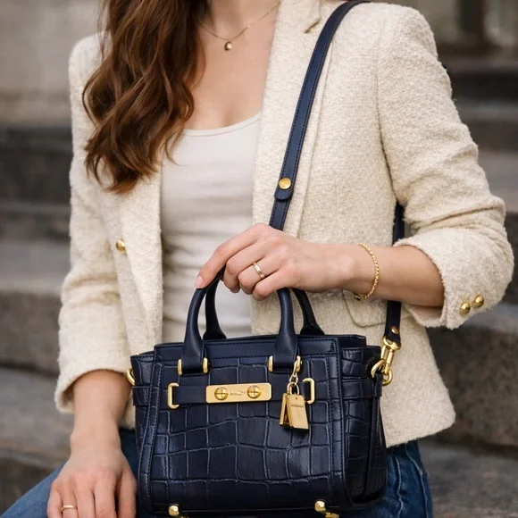 Coach Swagger Croc Embossed Leather Satchel Bag37997 Midnight Blue Gold Hardware - Picture 1 of 10